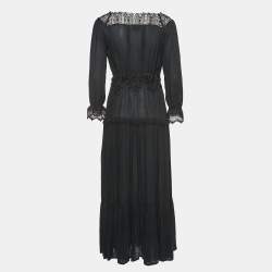 Pre Owned Elisabetta Franchi Black Crepe Lace Trimmed Maxi Dress M