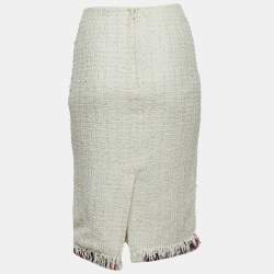 Pre Owned Elisabetta Franchi White Tweed Chain Embellished Fringed Skirt S