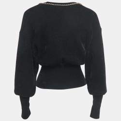 Pre Owned Elisabetta Franchi Black Knit Chain Embellished V-Neck Sweater S