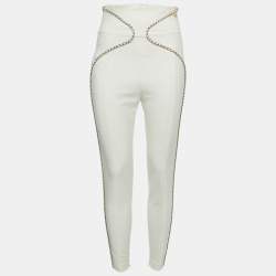 Pre Owned Elisabetta Franchi Off White Stretch Nylon Chain Detailed Skinny Fit Trousers M
