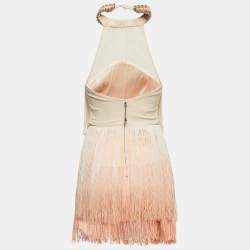 Pre Owned Elisabetta Franchi Orange Nylon Embellished Halter Neck Fringed Mini Dress S