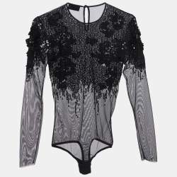 Pre Owned Elisabetta Franchi Black Floral Sequined Tulle Bodysuit S