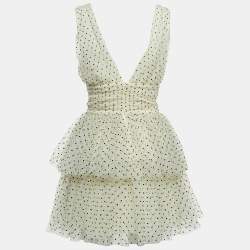 Pre Owned Elisabetta Franchi White Dotted Tulle Plunge Tiered Mini Dress S