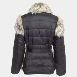 Pre Owned Elisabetta Franchi Black Quilted Nylon Faux Fur Trimmed Zip Front Padded Jacket L