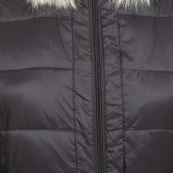 Pre Owned Elisabetta Franchi Black Quilted Nylon Faux Fur Trimmed Zip Front Padded Jacket L