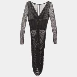 Pre Owned Elisabetta Franchi Black Ruched Mesh Midi Dress M