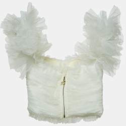 Elisabetta Franchi White Tulle Ruched Off Shoulder Crop Top M