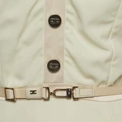 Pre Owned Elisabetta Franchi Cream Crepe Button Detail Belted Mini Dress S