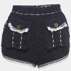Pre Owned Elisabetta Franchi Navy Blue Tweed Fringed Mini Shorts S