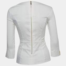 Pre Owned Elisabetta Franchi White Cotton Blend Long Sleeve Top S