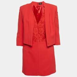 Pre Owned Elisabetta Franchi Coral Pink Lace & Crepe Mini Dress M