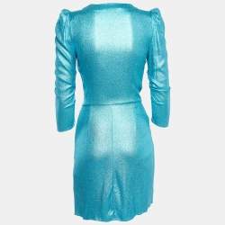 Pre Owned Elisabetta Franchi Blue Teal Lame Draped Mini Dress S
