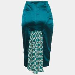 Pre Owned Elisabetta Franchi Green Satin Pleated Crepe Detail Midi Skirt M