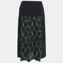 Elisabetta Franchi Black Floral Print Crepe Pleated Semi Sheer Midi Skirt S