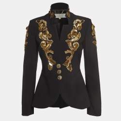 Pre Owned Elisabetta Franchi Black/Gold Sequin-Embellished Crepe Blazer M