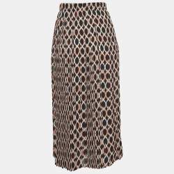 Pre Owned Elisabetta Franchi Black/Beige Printed Pleated Crepe Midi Skirt L