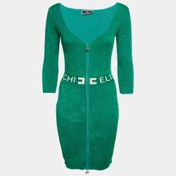 Pre Owned Elisabetta Franchi Green Terry Logo-Tape Detail Dress M