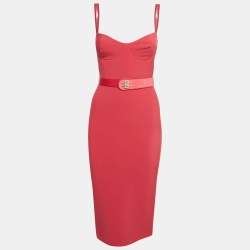 Elisabetta Franchi Pink Crepe Belted Fitted Midi Dress S