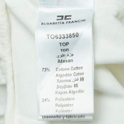 Pre Owned Elisabetta Franchi White Denim Gathered Short Sleeve Blouse M