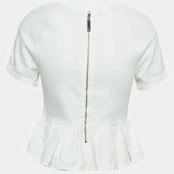 Pre Owned Elisabetta Franchi White Denim Gathered Short Sleeve Blouse M