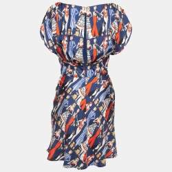 Pre Owned Elisabetta Franchi Navy Blue Printed Silk Mini Dress M