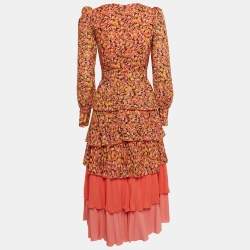 Pre Owned Elisabetta Franchi Orange Abstract Print Crepe Tiered Midi Dress S