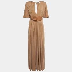 Pre Owned Elisabetta Franchi Brown Jersey Gathered Belter Maxi Dress M