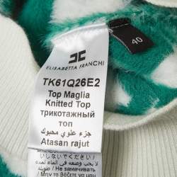 Pre Owned Elisabetta Franchi Green/White Lettering Fur Knit Balloon Sleeve Crop Top S
