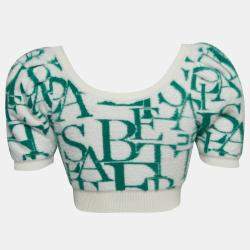 Pre Owned Elisabetta Franchi Green/White Lettering Fur Knit Balloon Sleeve Crop Top S