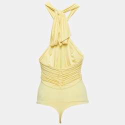 Elisabetta Franchi Yellow Metallic Logo Jersey Ruched Tie-Up Neck Bodysuit S