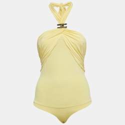 Elisabetta Franchi Yellow Metallic Logo Jersey Ruched Tie-Up Neck Bodysuit S