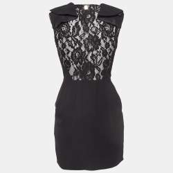 Pre Owned Elisabetta Franchi Black Lace Time Crepe Mini Wrap Dress S