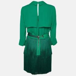 Pre Owned Elisabetta Franchi Green Crepe Fringed Mini Dress M