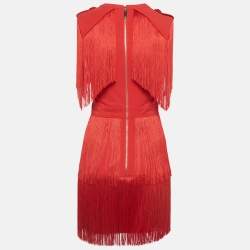 Pre Owned Elisabetta Franchi Red Polyamide Fringed Mini Dress M