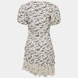 Pre Owned Elisabetta Franchi Cream Floral Print Lace Trim Crepe Tiered Mini Dress M