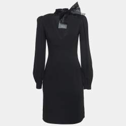 Pre Owned Elisabetta Franchi Black Crepe Bow Tie Mock Neck Mini Dress M