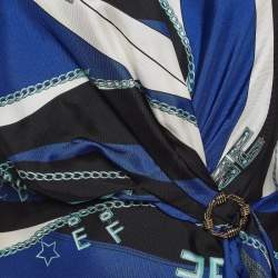 Pre Owned Elisabetta Franchi Blue Printed Detailed Buckle Midi Dress S