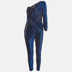 Elisabetta Franchi Blue Lurex Knit One Shoulder Jumpsuit M