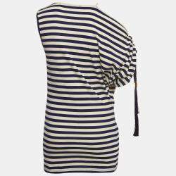 Pre Owned Elisabetta Franchi Blue Marine Stripe Jersey Asymmetric Sleeve Top S