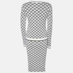 Pre Owned Elisabetta Franchi Ivory Logo Pattern Knit Skirt & Cardigan Set S