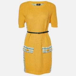 Pre Owned Elisabetta Franchi Yellow Houndstooth Knit Belted Dress S