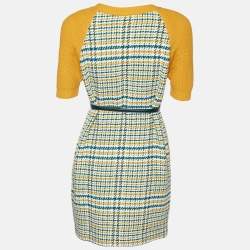 Pre Owned Elisabetta Franchi Yellow Houndstooth Knit Belted Dress S
