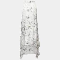 Elizabeth and James Pale Grey Floral Print Silk Embellished Handkerchief Hem Maylie Dress M