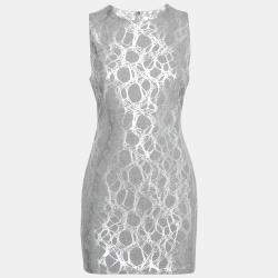 Elizabeth and James Heather Grey and Silver Foil Print Sleeveless Nadia Sheath Dress M