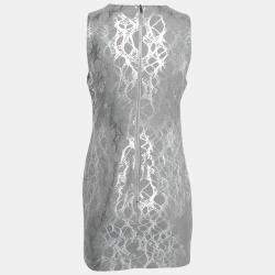 Elizabeth and James Heather Grey and Silver Foil Print Sleeveless Nadia Sheath Dress M