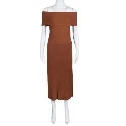 Pre Owned Elizabeth & James Brown Ribbed Knit Off Shoulder Marbella Dress S
