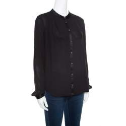 Pre Owned بلوزة إليزابيث آند جيمس كريب سوداء حواف ساتان أكمام طويلة S