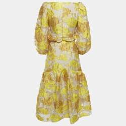 مملوكة مسبقًا طقم توب وتنورة عالية الخصر إيليات أصفر بطبقات من الأورجانزا مقاس صغير جدًا