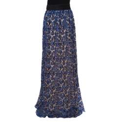 Emanuel Ungaro Royal Blue Tulle Foliage Embroidered Maxi Skirt L