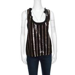 Pre Owned Emanuel Ungaro Black and Gold Striped Sequin Embellished Silk Sleeveless Top L
